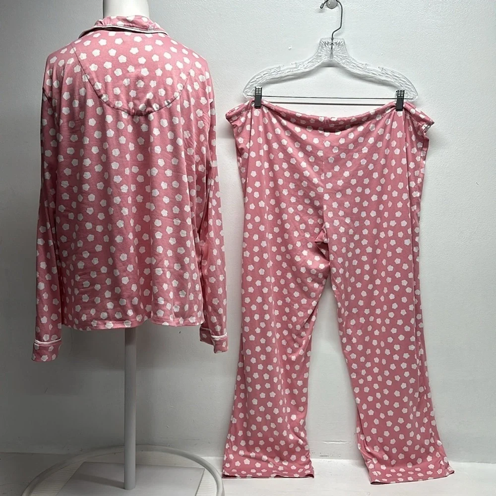 Kate Spade Pajama Set 2 Piece Long Sleeve Button Down Shirt Pants Pink Large
